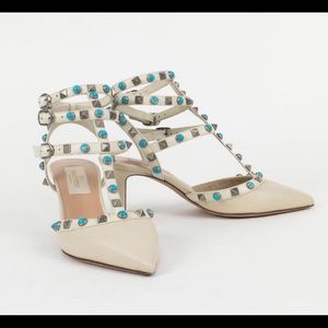 Valentino White Leather Rockstud Rolling Turquoise Stone Heels Pumps Size 40 1/2